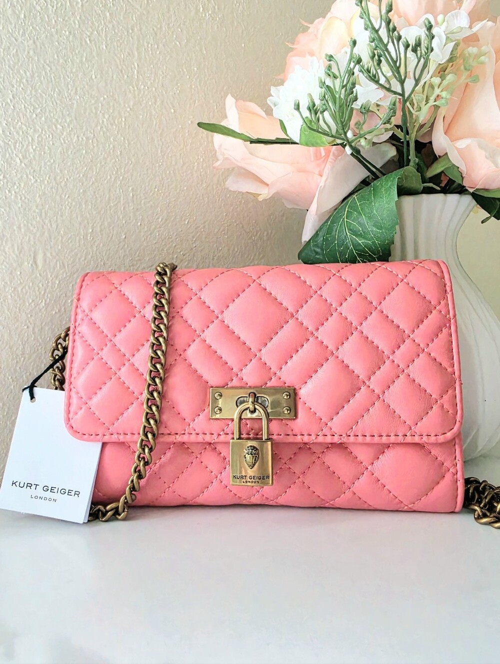 Kurt Geiger London Brixton Quilted Leather Chain Wallet - Pink NWT